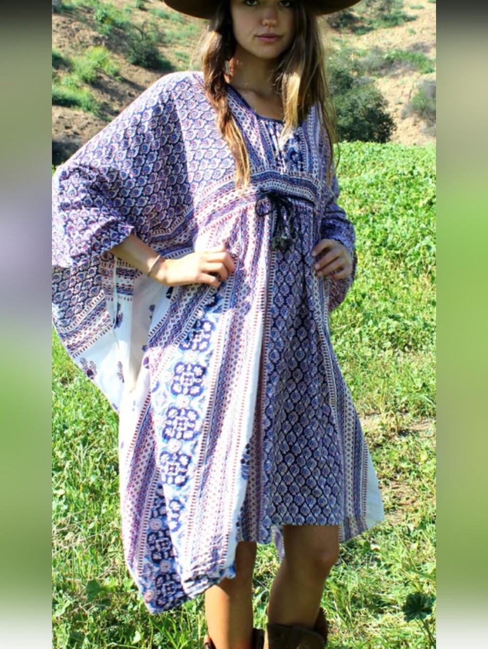 VTG 70s Indian Cotton Block Print Kaftan Dress Med 6 8 10 Boho Hippie Tunic NWOT